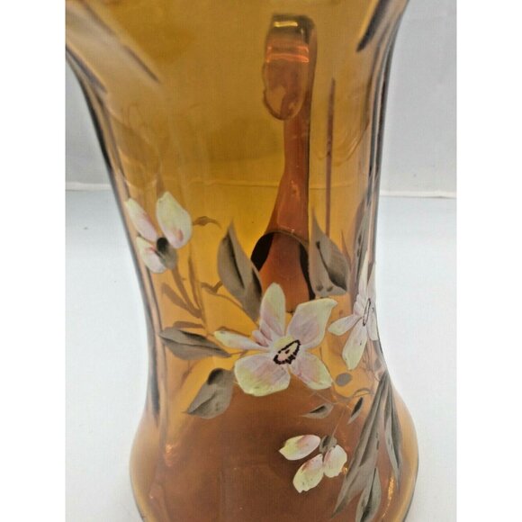 Antique Hand Blown Hand Painted Floral Amber Glass Ruffled Pitcher 1890-1900 - Picture 5 of 9